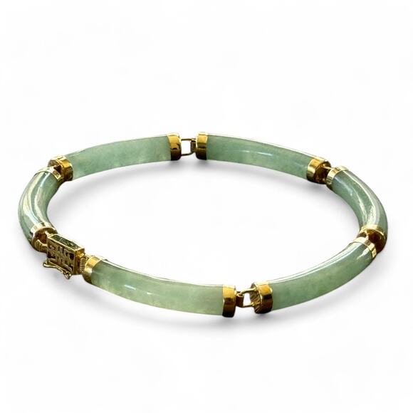 14K Yellow Gold Natural Jadeite Jade Tube Link Bracelet - Picture 5 of 6